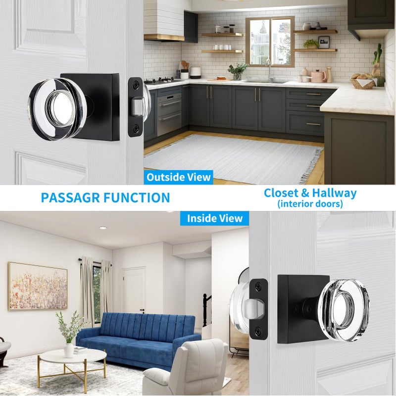 naubea Matte Black Door Knob Crystal Door Knobs Interior Passage Door Knobs for Closet, Passage Glass Door Handle for Hall - Image 2
